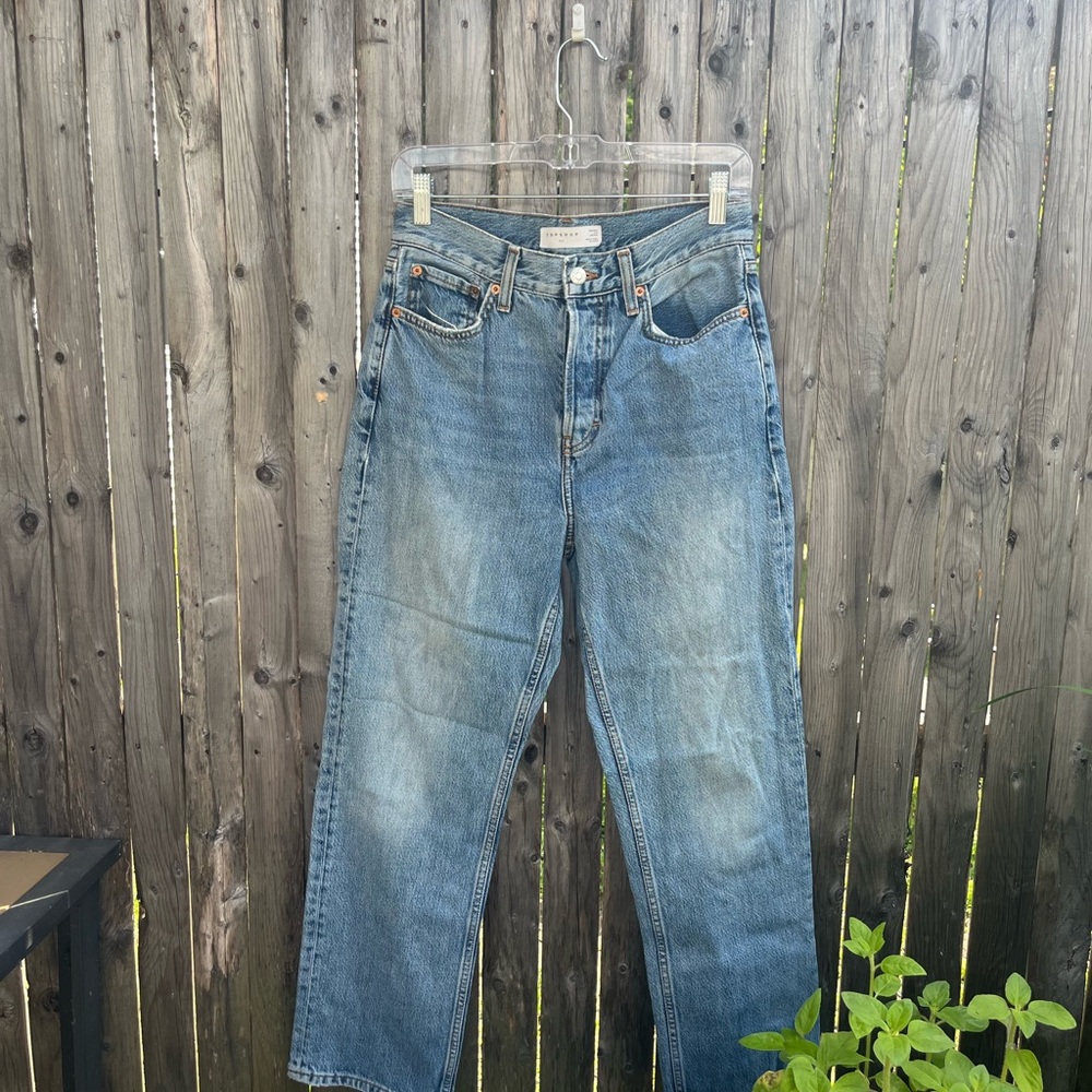 Topshop Blue Straight-Leg Jeans with Vintage Distressing
